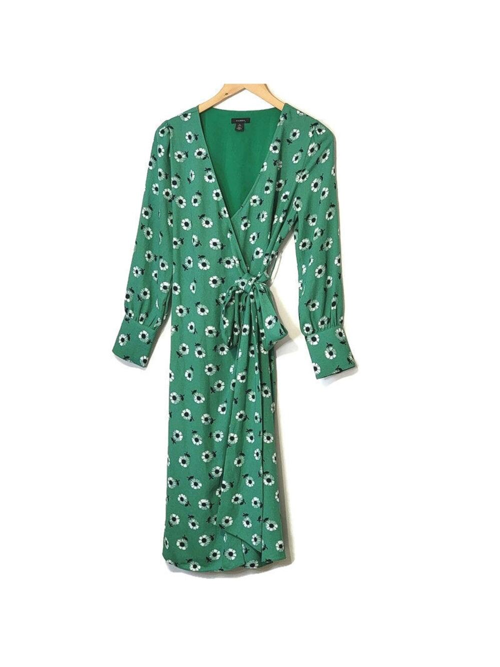 Halogen Green Floral Daisy Wrap Midi Dress V-Neck Long Sleeve Tie Waist XSP